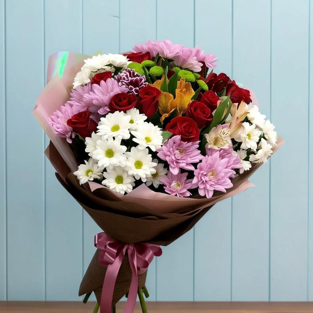 Букет цветов из: Розы, Хризантемы и Альстромерии в городе Камень-на-Оби