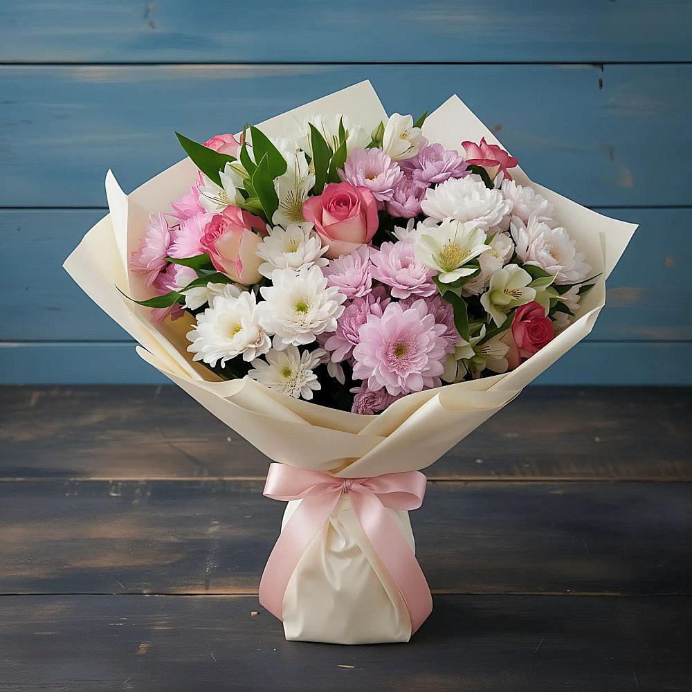 Букет цветов из: Хризантемы, Альстромерии и Розы в городе Камень-на-Оби